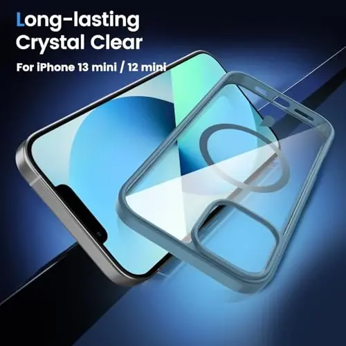 Temdan for iPhone 13 mini & 12 mini Case Clear with Screen Protector, Compatible with Magsafe, Anti-Yellowing, Military-Grade Protection, Shockproof Slim Magnetic Phone Case Cover, Clear Blue - 5