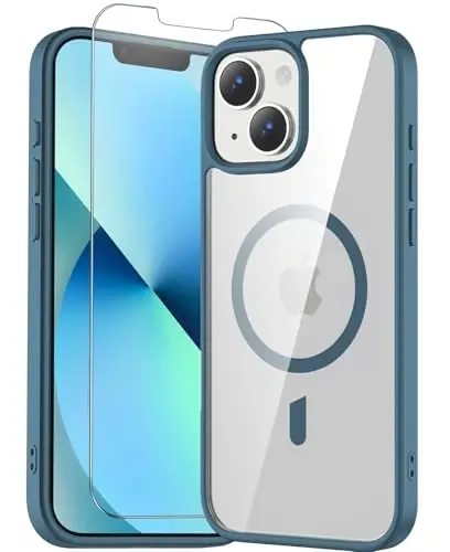 Temdan for iPhone 13 mini & 12 mini G‘ilof Ekran Himoya Qatlami bilan Shaffof, Magsafe bilan mos keladi, Sariqlikka qarshi, Harbiy darajadagi himoya, Zarbaga chidamli yupqa magnit telefon g‘ilofining qopqog‘i, Shaffof Ko‘k 
