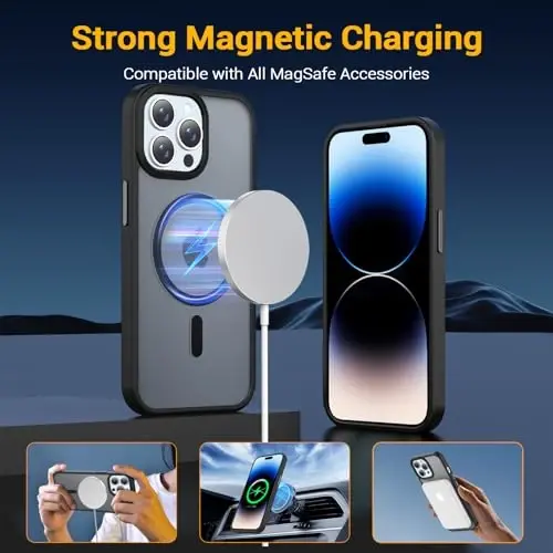 Temdan for iPhone 14 Pro Case, Magsafe bilan mos, sarg'ayishga qarshi, harbiy darajadagi himoya, zarbga chidamli ingichka magnit telefon qutisi qopqog'i, qora - 3