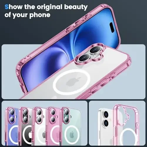 Temdan for iPhone 16 Case Clear, Compatible with Magsafe, Anti-Yellowing, Military-Grade Protection, Shockproof Slim Magnetic Phone Case Cover, Pink - 5