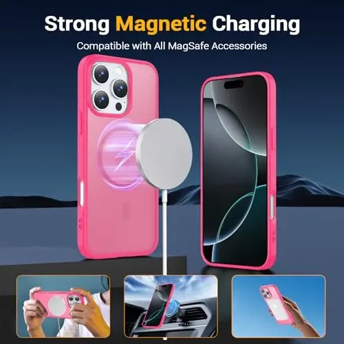 Temdan for iPhone 16 Pro Case, Magsafe bilan mos, sarg'ayishga qarshi, harbiy darajadagi himoya, zarbaga chidamli ingichka magnitli telefon qopqog'i, pushti gul - 3