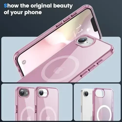 Temdan for iPhone 16e Case Clear, Magsafe bilan mos, sariqlikka qarshi, harbiy darajadagi himoya, zarbaga chidamli ingichka magnitli telefon gʻilofi, tiniq pushti - 6