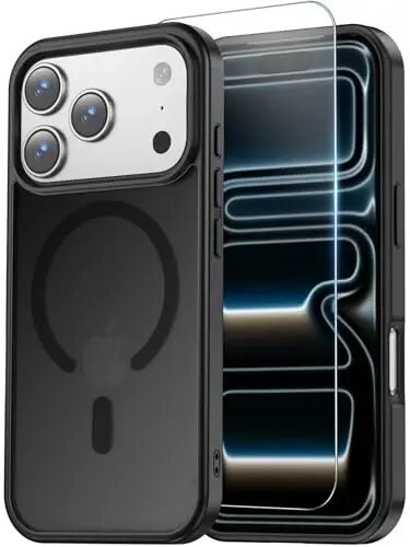 Temdan for iPhone 17 Pro Case Clear with Screen Protector, Compatible with Magsafe, Anti-Yellowing, Military-Grade Protection, Shockproof Slim Magnetic Phone Case Cover, Black - TEMDAN
