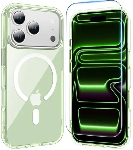 Temdan for iPhone 17 Pro Case Clear with Screen Protector, Compatible with Magsafe, Anti-Yellowing, Military-Grade Protection, Shockproof Slim Magnetic Phone Case Cover, Green - 1