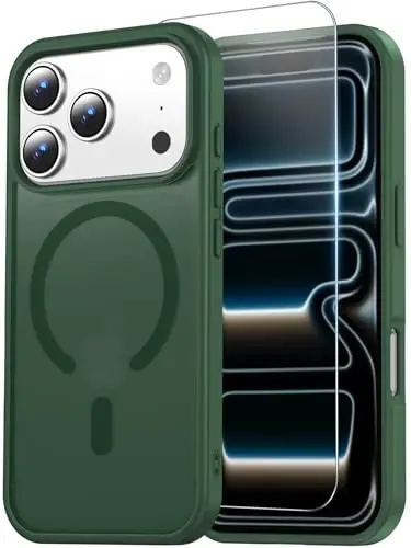 Temdan for iPhone 17 Pro Case with Screen Protector, Compatible with Magsafe, Anti-Yellowing, Military-Grade Protection, Shockproof Slim Magnetic Phone Case Cover, Alpine Green 