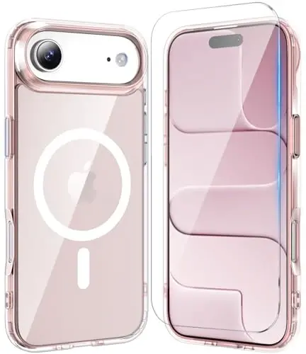Temdan for iPhone Air Case Cover Bundles Clear Pink with Screen Protector, Compatible with Magsafe, Military-Grade Protection, Shockproof Slim Magnetic iPhone 17 Air Case Cover, Pink 