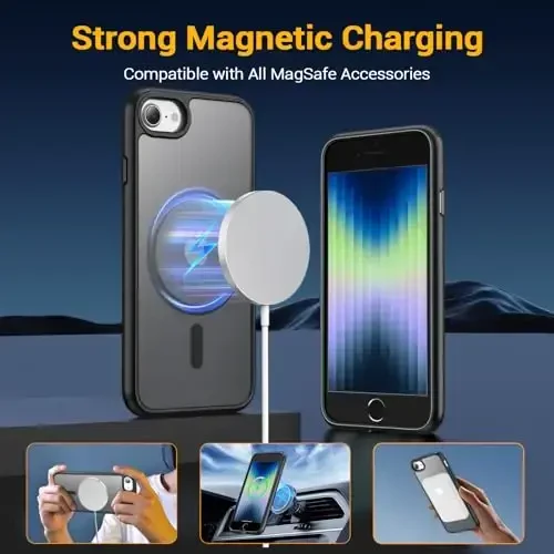 Temdan for iPhone SE Case, Compatible with Magsafe, Anti-Yellowing, Military-Grade Protection, Shockproof Slim Magnetic Phone Case Cover, Black - 4
