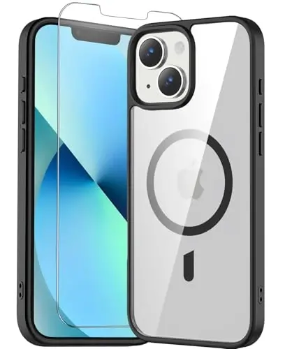 Temdan iPhone 12 mini & 13 mini Kılıf, Ekran Koruyuculu Şeffaf, Magsafe Uyumlu, Sararmaya Karşı Dirençli, Askeri Sınıf Koruma, Darbeye Dayanıklı İnce Manyetik Telefon Kılıfı Kapağı, Şeffaf Siyah 