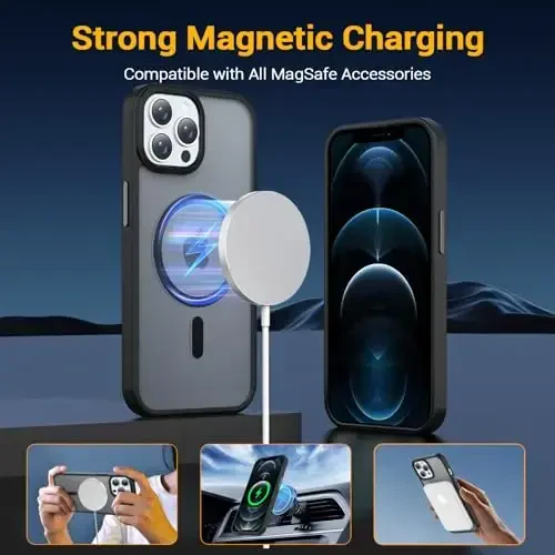 Temdan iPhone 12 Pro Max uchun g'ilof, Magsafe bilan mos, sarg'ayishga qarshi, harbiy darajadagi himoya, zarbga chidamli ingichka magnit telefon g'ilof qopqog'i, qora - 4