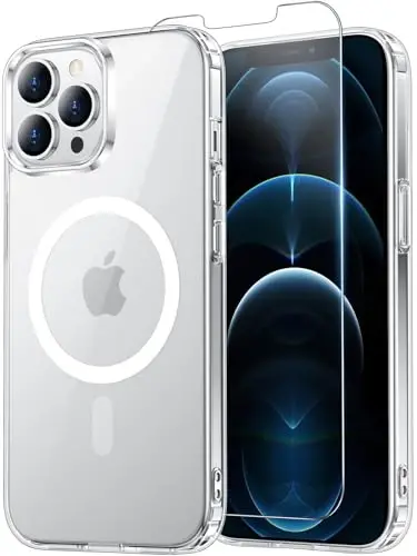 Temdan for iPhone 12& iPhone 12 Pro Case Clear with Screen Protector, Compatible with Magsafe, Anti-Yellowing, Military-Grade Protection, Shockproof Slim Magnetic Phone Case Cover, Transparent - 1