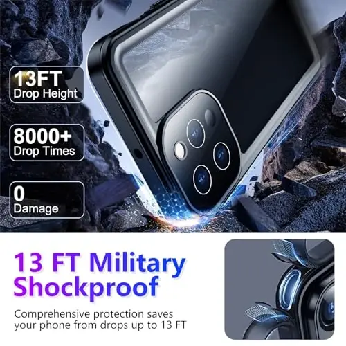 Temdan iPhone 13 Pro Max Case suv oʻtkazmaydigan, oʻrnatilgan ekran va kamera himoyachisi IP68 suv osti toʻliq korpus 13FT harbiy zarbga chidamli zarbga chidamli telefon qutisi 6,7