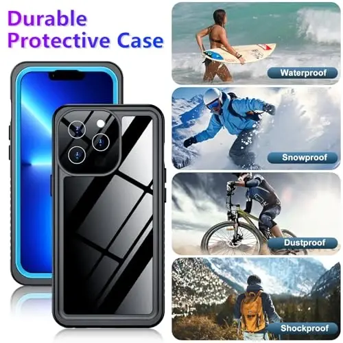 Temdan iPhone 13 Pro Max Kılıfı ile Uyumlu Su Geçirmez, Dahili Ekran ve Kamera Koruyuculu IP68 Su Altı Tam Gövde 13FT Askeri Düşmeye ve Darbeye Dayanıklı Telefon Kılıfı 6.7