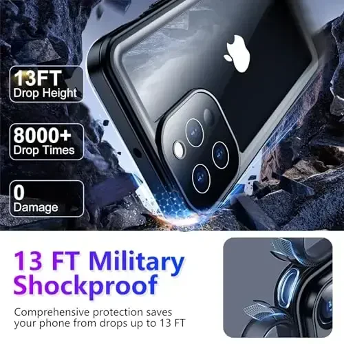 Temdan iPhone 13 Pro Max uchun g‘ilof suv o‘tkazmaydigan, o‘rnatilgan ekran va kamera himoyachisi IP68 suv ostida to‘liq korpus 13FT harbiy tomchiga chidamli zarbga chidamli telefon g‘ilofi 6,7