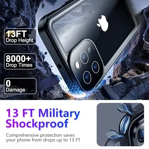 Temdan iPhone 13 Pro Max uchun g‘ilof suv o‘tkazmaydigan, o‘rnatilgan ekran va kamera himoyachisi IP68 suv ostida to‘liq korpus 13FT harbiy tomchiga chidamli zarbga chidamli telefon g‘ilofi 6,7