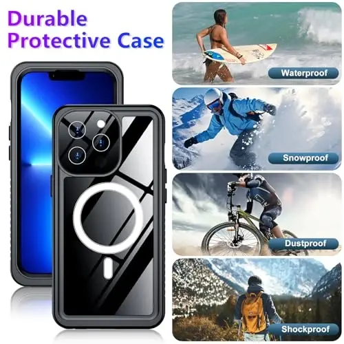 Temdan iPhone 13 Pro Max uchun mos keladigan suv o'tkazmaydigan g'ilof, o'rnatilgan ekran va kamera himoyachisi IP68 suv ostida to'liq korpus 13FT harbiy zarbaga chidamli zarbaga chidamli telefon g'ilofi 6,7