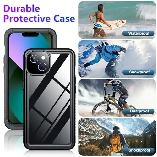 Temdan iPhone 13 uchun g'ilofga mos keladi, suv o'tkazmaydigan, o'rnatilgan ekran va kamera himoyachisi IP68 suv ostida to'liq korpus 13FT harbiy tomchiga chidamli zarbga chidamli telefon g'ilofi 6,1