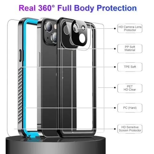 Temdan iPhone 13 uchun mos keladigan suv oʻtkazmaydigan gʻilof, oʻrnatilgan ekran va kamera himoyachisi IP68 suv ostida toʻliq korpus 13FT harbiy tomchiga chidamli zarbga chidamli telefon gʻilofi 6.1