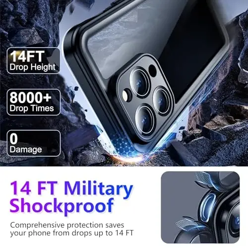 Temdan iPhone 14 Pro Max Kılıfı ile Uyumlu Su Geçirmez, Dahili Ekran ve Kamera Koruyuculu IP68 Su Altı Tam Gövde 14FT Askeri Düşmeye ve Darbeye Dayanıklı Telefon Kılıfı 6.7