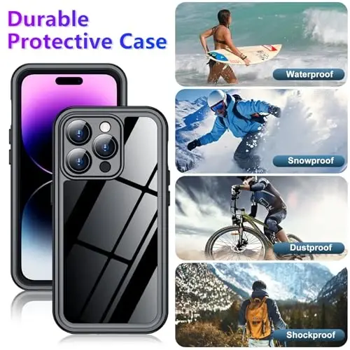 Temdan iPhone 14 Pro Max Kılıfı ile Uyumlu Su Geçirmez, Dahili Ekran ve Kamera Koruyuculu IP68 Su Altı Tam Gövde 14FT Askeri Düşmeye ve Darbeye Dayanıklı Telefon Kılıfı 6.7