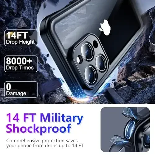 Temdan Compatible with iPhone 14 Pro Max Case Waterproof, Built-in Screen & Camera Protector IP68 Underwater Full Body 14FT Military Dropproof Shockproof Phone Case 6.7