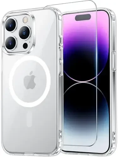 Temdan for iPhone 14 Pro Max Case Clear with Screen Protector, Compatible with Magsafe, Anti-Yellowing, Military-Grade Protection, Shockproof Slim Magnetic Phone Case Cover, Transparent - 6