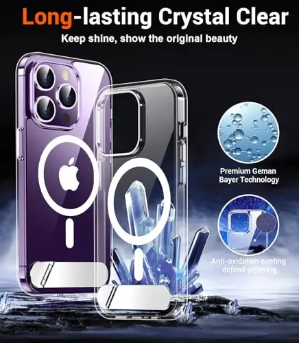 Temdan Magnetic for iPhone 14 Pro Max Case Clear, [Built in Hidden Kickstand] [Compatible with Magsafe] [Not Yellowing] [Military Drop Protection] Shockproof Slim Phone Case for 14 Pro Max 6.7