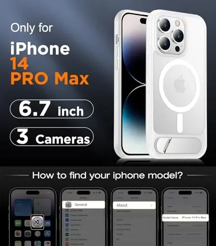 Temdan iPhone 14 Pro Max uchun magnit mos keladigan g'ilof, [O'rnatilgan ko'rinmas tirgak] [MagSafe bilan mos] [Harbiy darajadagi zarbga chidamli] Yupqa shaffof matli telefon g'ilofi iPhone 14 Pro Max 6.7