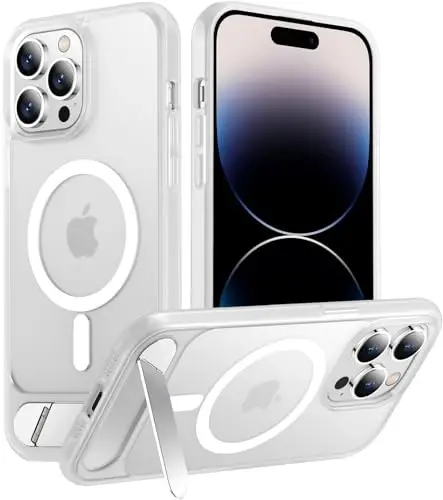 Temdan iPhone 14 Pro Max uchun magnit mos keladigan g'ilof, [O'rnatilgan ko'rinmas tirgak] [MagSafe bilan mos] [Harbiy darajadagi zarbga chidamli] Yupqa shaffof matli telefon g'ilofi iPhone 14 Pro Max 6.7