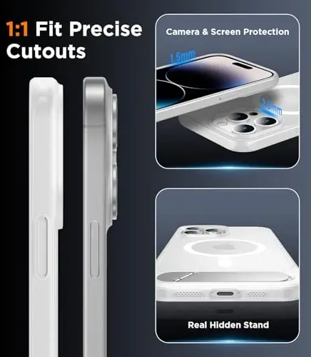 Temdan iPhone 14 Pro Max uchun magnit mos keladigan g'ilof, [O'rnatilgan ko'rinmas tirgak] [MagSafe bilan mos] [Harbiy darajadagi zarbga chidamli] Yupqa shaffof matli telefon g'ilofi iPhone 14 Pro Max 6.7
