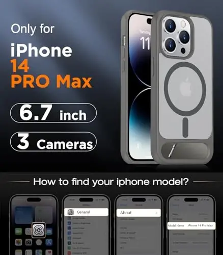 Temdan iPhone 14 Pro Max uchun magnit mos keladigan g'ilof, [O'rnatilgan ko'rinmas tirgak] [MagSafe bilan mos] [Harbiy darajadagi zarbga chidamli] Yupqa yarim shaffof matli telefon g'ilofi iPhone 14 Pro Max 6.7