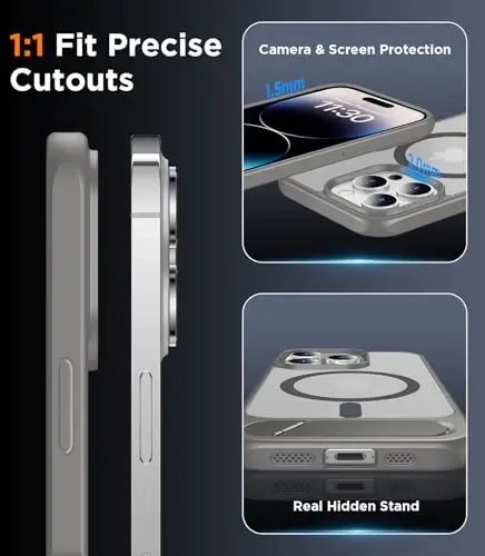 Temdan iPhone 14 Pro Max uchun magnit mos keladigan g'ilof, [O'rnatilgan ko'rinmas tirgak] [MagSafe bilan mos] [Harbiy darajadagi zarbga chidamli] Yupqa yarim shaffof matli telefon g'ilofi iPhone 14 Pro Max 6.7