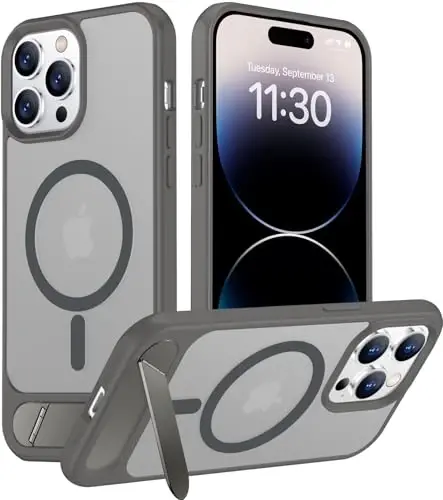 Temdan iPhone 14 Pro Max uchun magnit mos keladigan g'ilof, [O'rnatilgan ko'rinmas tirgak] [MagSafe bilan mos] [Harbiy darajadagi zarbga chidamli] Yupqa yarim shaffof matli telefon g'ilofi iPhone 14 Pro Max 6.7