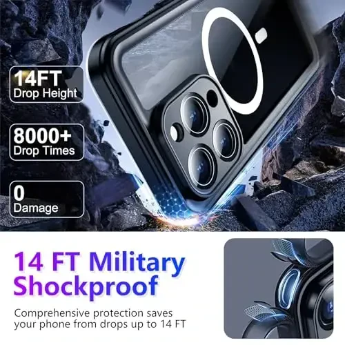 Temdan iPhone 14 Pro Max uchun suv o'tkazmaydigan g'ilof, o'rnatilgan ekran va kamera himoyachisi IP68 suv ostida to'liq korpus 14FT harbiy tomchiga chidamli zarbaga chidamli telefon g'ilofi 6.7