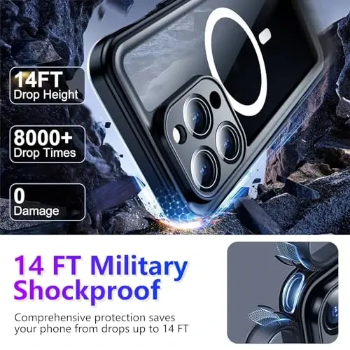 Temdan iPhone 14 Pro Max uchun suv o'tkazmaydigan g'ilof, o'rnatilgan ekran va kamera himoyachisi IP68 suv ostida to'liq korpus 14FT harbiy tomchiga chidamli zarbaga chidamli telefon g'ilofi 6.7