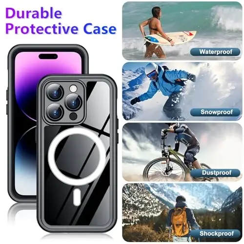 Temdan iPhone 14 Pro Max uchun suv o'tkazmaydigan g'ilof, o'rnatilgan ekran va kamera himoyachisi IP68 suv ostida to'liq korpus 14FT harbiy tomchiga chidamli zarbaga chidamli telefon g'ilofi 6.7