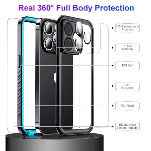 Temdan iPhone 14 Pro Max uchun suv o'tkazmaydigan g'ilof, o'rnatilgan ekran va kamera himoyachisi IP68 suv ostida to'liq korpus 14FT harbiy tomchiga chidamli zarbga chidamli telefon g'ilofi 6.7