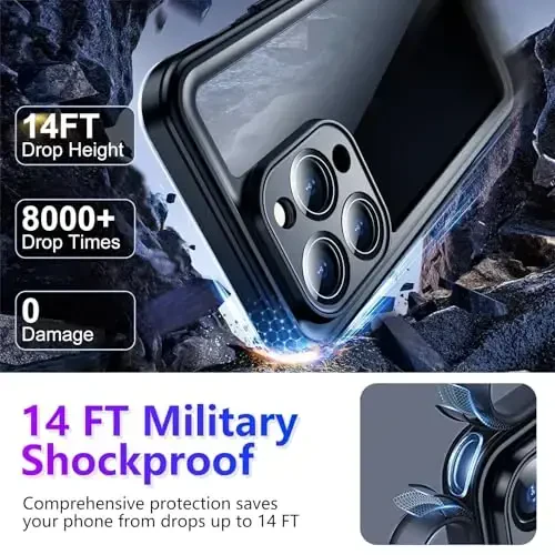 Temdan iPhone 14 Pro Max uchun suv oʻtkazmaydigan gʻilof, oʻrnatilgan ekran va kamera himoyachisi IP68 suv ostida toʻliq korpus 14FT harbiy zarbaga chidamli telefon gʻilofi 6.7