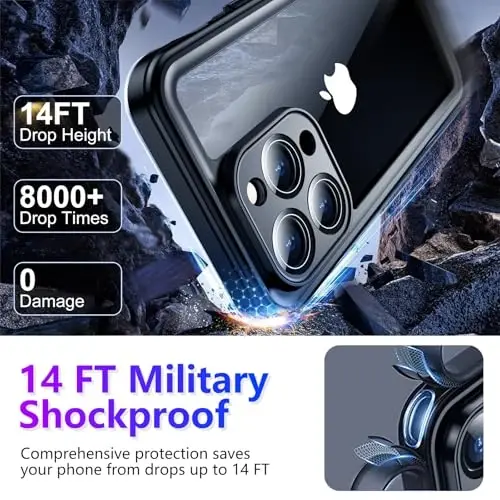 Temdan iPhone 14 Pro Max uchun suv o'tkazmaydigan g'ilof, o'rnatilgan ekran va kamera himoyachisi IP68 suv ostida to'liq korpus 14FT harbiy zarbga chidamli telefon g'ilofi 6,7