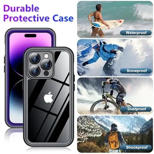 Temdan iPhone 14 Pro Max uchun suv o'tkazmaydigan g'ilof, o'rnatilgan ekran va kamera himoyachisi IP68 suv ostida to'liq korpus 14FT harbiy zarbga chidamli telefon g'ilofi 6,7