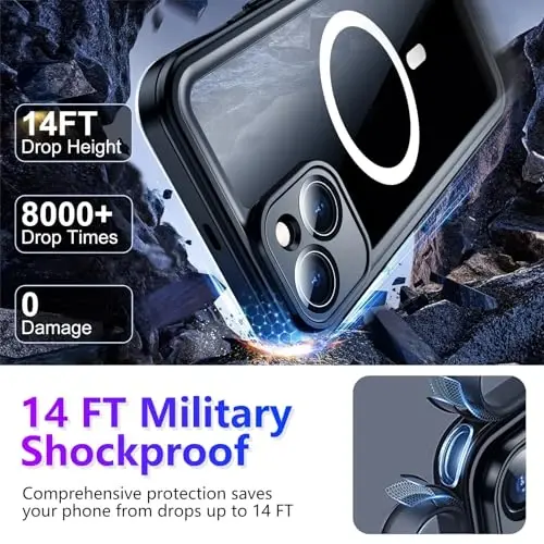 Temdan iPhone 14 uchun g'ilof bilan mos keladi, suv o'tkazmaydigan, o'rnatilgan ekran va kamera himoyachisi IP68 suv ostida to'liq korpus 14FT harbiy tomchiga chidamli zarbga chidamli telefon g'ilofi 6.1