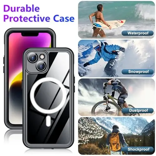 Temdan iPhone 14 uchun g'ilof bilan mos keladi, suv o'tkazmaydigan, o'rnatilgan ekran va kamera himoyachisi IP68 suv ostida to'liq korpus 14FT harbiy tomchiga chidamli zarbga chidamli telefon g'ilofi 6.1