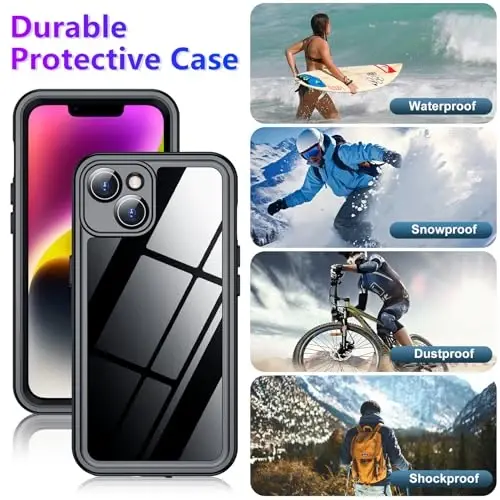 Temdan iPhone 14 uchun g‘ilofga mos, suv o‘tkazmaydigan, o‘rnatilgan ekran va kamera himoyachisi IP68 suv ostida to‘liq korpus 14FT harbiy tomchiga chidamli zarbga chidamli telefon g‘ilofi 6.1