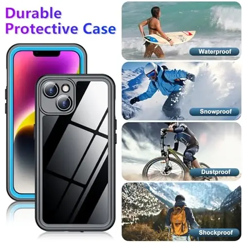 Temdan iPhone 14 uchun suv o‘tkazmaydigan g‘ilof, o‘rnatilgan ekran va kamera himoyachisi IP68 suv osti to‘liq korpus 14FT harbiy tomchiga chidamli zarbga chidamli telefon g‘ilofi 6.1