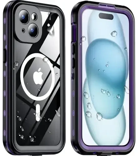 Temdan Magnetic for iPhone 15 Case Waterproof,Built-in Screen Protector[IP68 Underwater][Upgrade Military Dropproof][Compatible with MagSafe] Full Body Shockproof Translucent Case 6.1''-Purple 