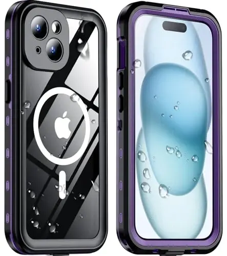 Temdan Magnetic for iPhone 15 Case Waterproof,Built-in Screen Protector[IP68 Underwater][Upgrade Military Dropproof][Compatible with MagSafe] Full Body Shockproof Translucent Case 6.1''-Purple - 1