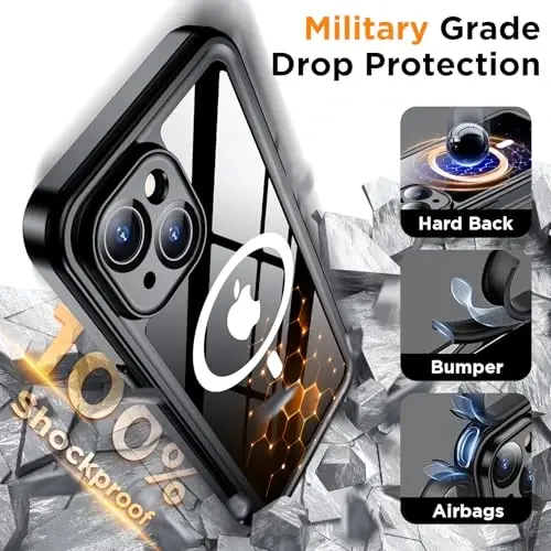 Temdan Magnetic for iPhone 15 Case Waterproof, [Built-in Screen Protector][IP68 Underwater][15FT Military Dropproof][Dustproof][Real 360] Full Body Shockproof Protective Phone Case 6.1'' - Blue/Clear - 4