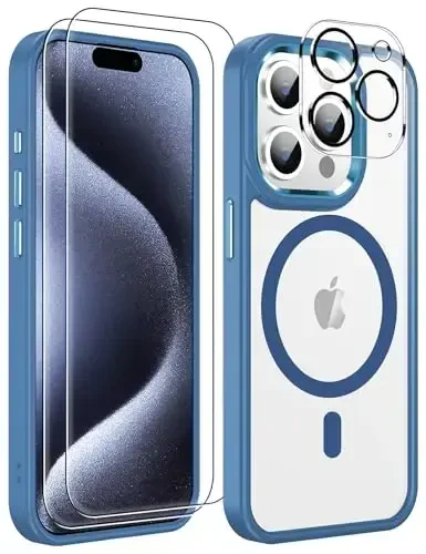 Temdan for iPhone 15 Pro Case Clear with Screen Protector, Compatible with Magsafe, Anti-Yellowing, Military-Grade Protection, Shockproof Slim Magnetic Phone Case Cover, Clear Blue 