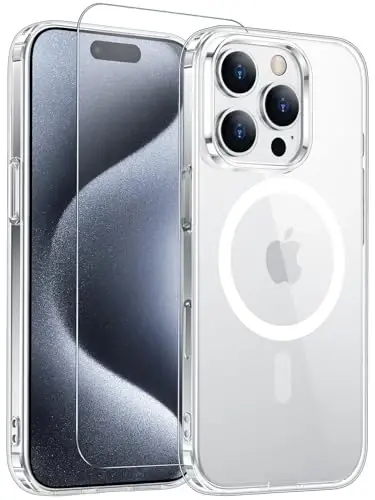 Temdan for iPhone 15 Pro Max Case Clear with Screen Protector, Compatible with Magsafe, Anti-Yellowing, Military-Grade Protection, Shockproof Slim Magnetic Phone Case Cover, Transparent 