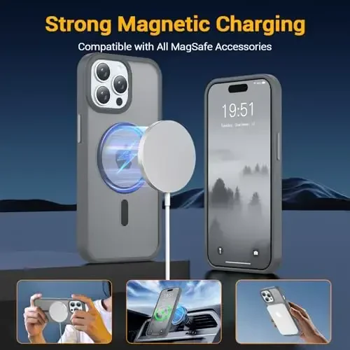 Temdan iPhone 15 Pro Max uchun g'ilof, Magsafe bilan mos, sarg'ayishga qarshi, harbiy darajadagi himoya, zarbaga chidamli ingichka magnitli telefon g'ilofi, kulrang - 3