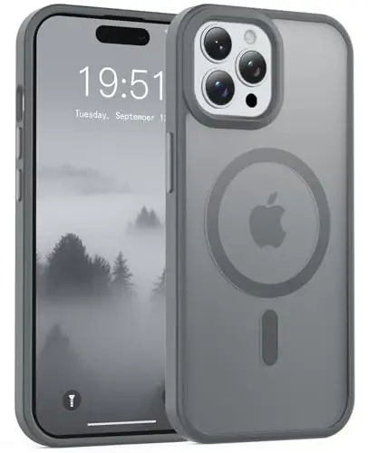 Temdan iPhone 15 Pro Max uchun g'ilof, Magsafe bilan mos, sarg'ayishga qarshi, harbiy darajadagi himoya, zarbaga chidamli ingichka magnitli telefon g'ilofi, kulrang 